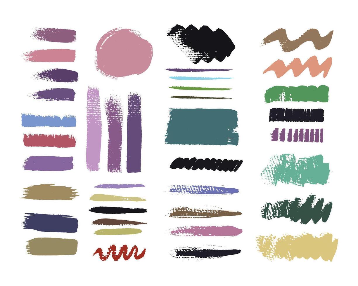 Colorful and abstract paint brush strokes element set. Rough textured brushes design bundle. vector