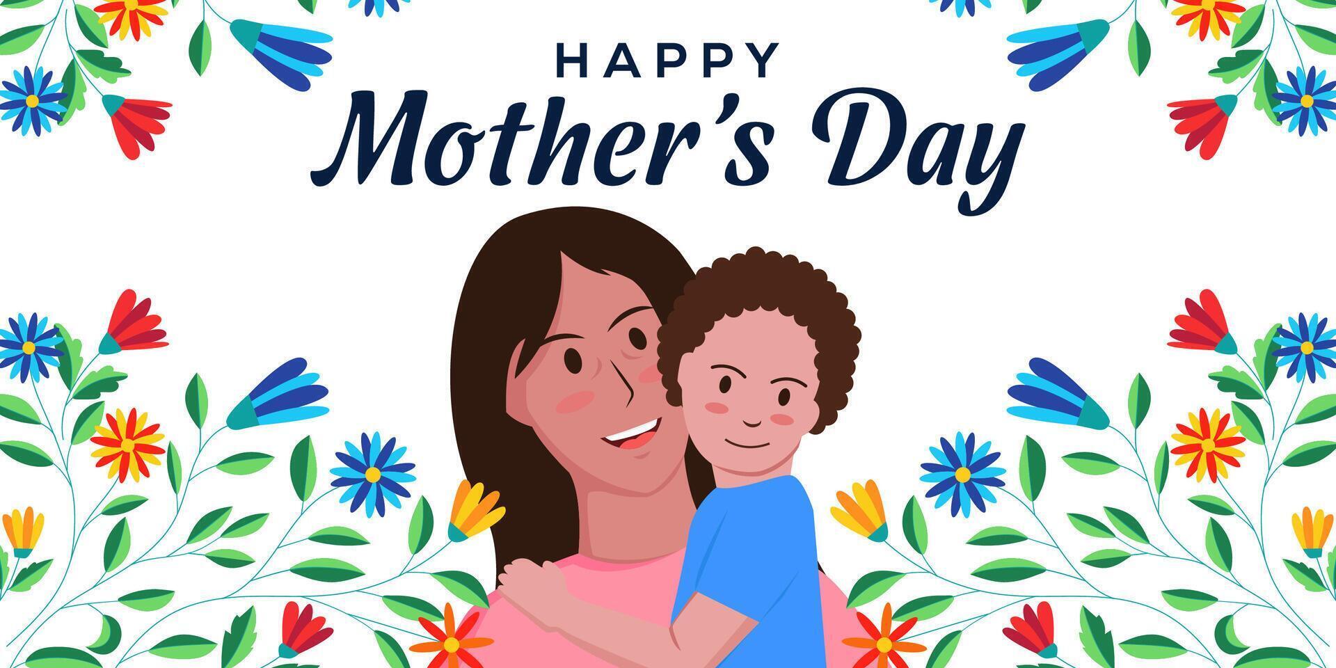 flat mother's day horizontal banner with mom carrying the son vector