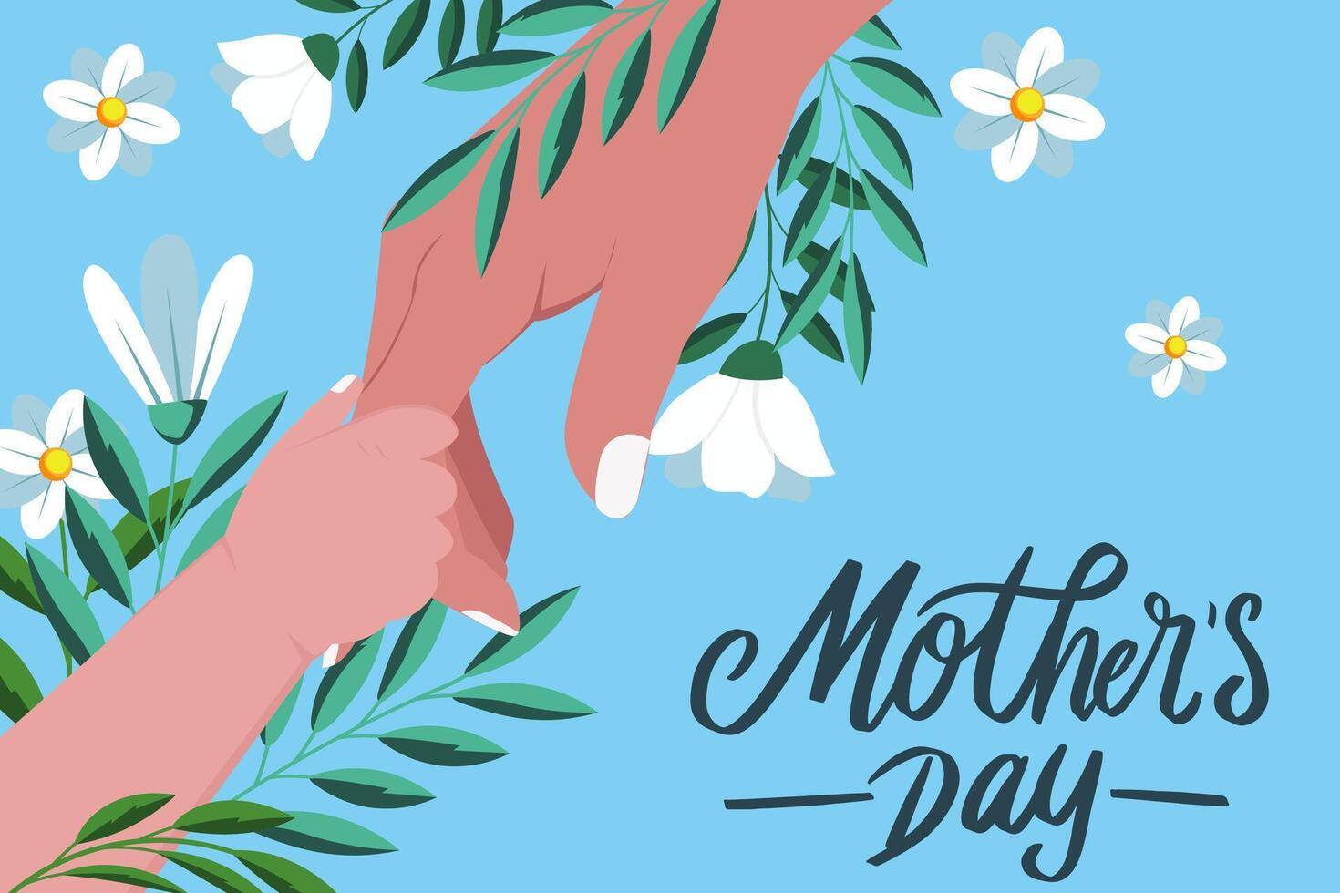 flat design happy mother's day with child hand and mom hand vector