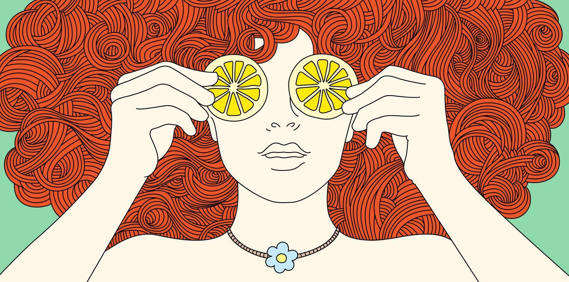 Portrait girl with curly red hair, covered her eyes with lemon. Illustration vector