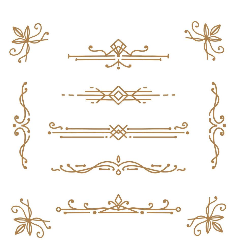 Gold vintage frames mega set in flat design. Bundle elements of abstract line classical decorative borders, dividers and templates square or circle forms. Vecto illustration isolated graphic objects vector