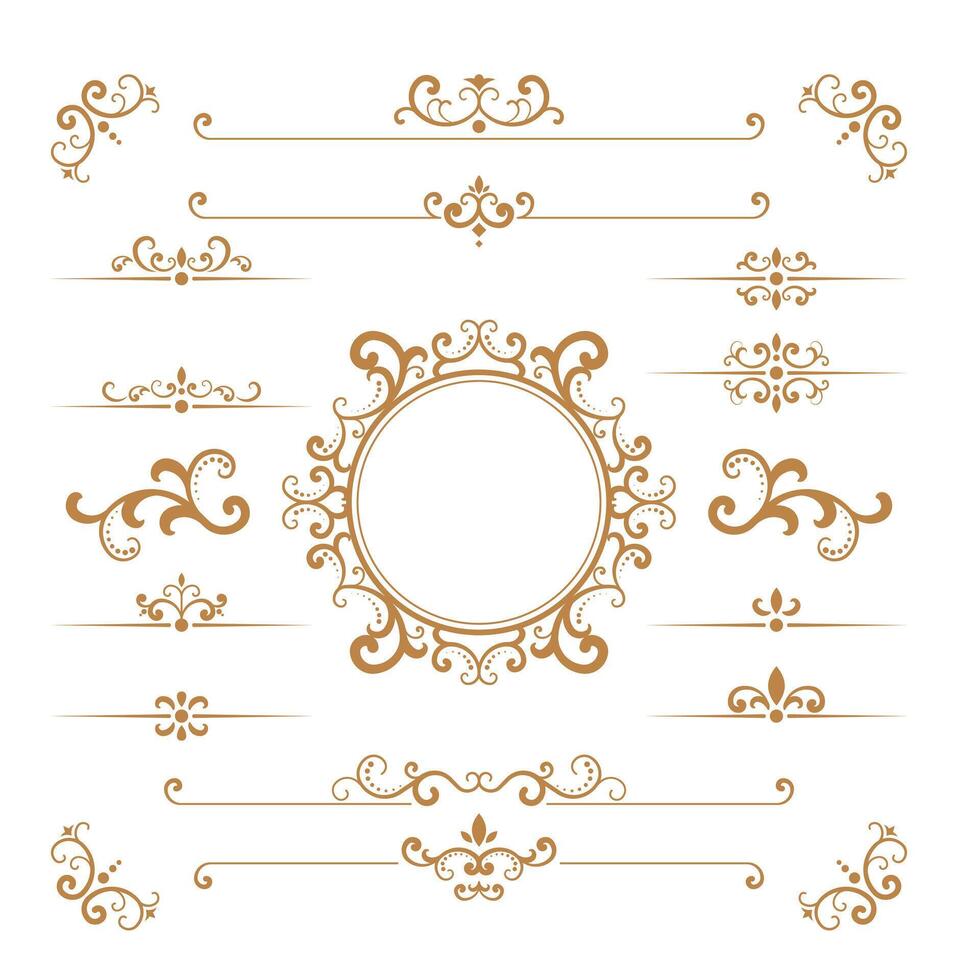 Decorative gold frames. Retro calligraphic ornamental frame, vintage rectangle ornaments and ornate border. Decorative wedding frames, antique museum image borders. Isolated icons set vector