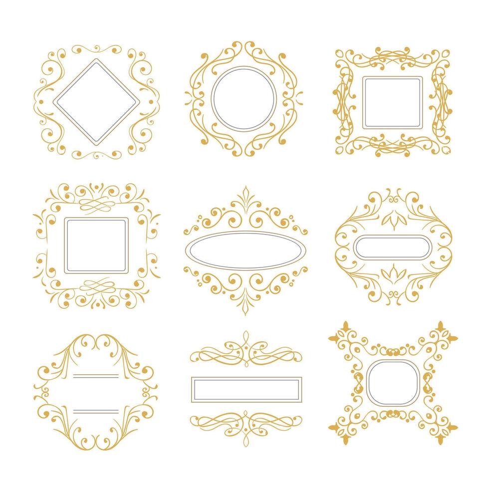 Damask ornamental frames. Antique baroque floral golden border frames isolated vecto illustration set. Decorative damask vintage frames vector