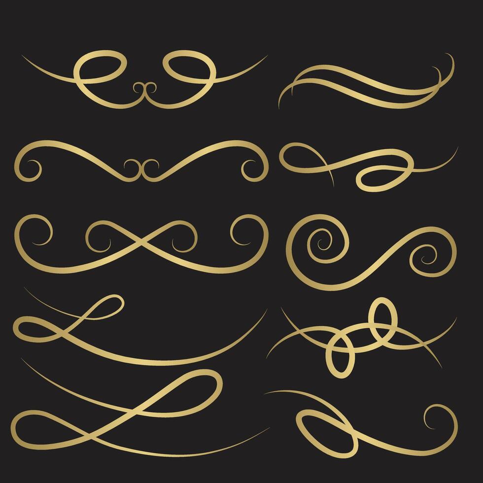ornate page decor elements like banners, frames, dividers, ornaments and patterns on dark background. vector