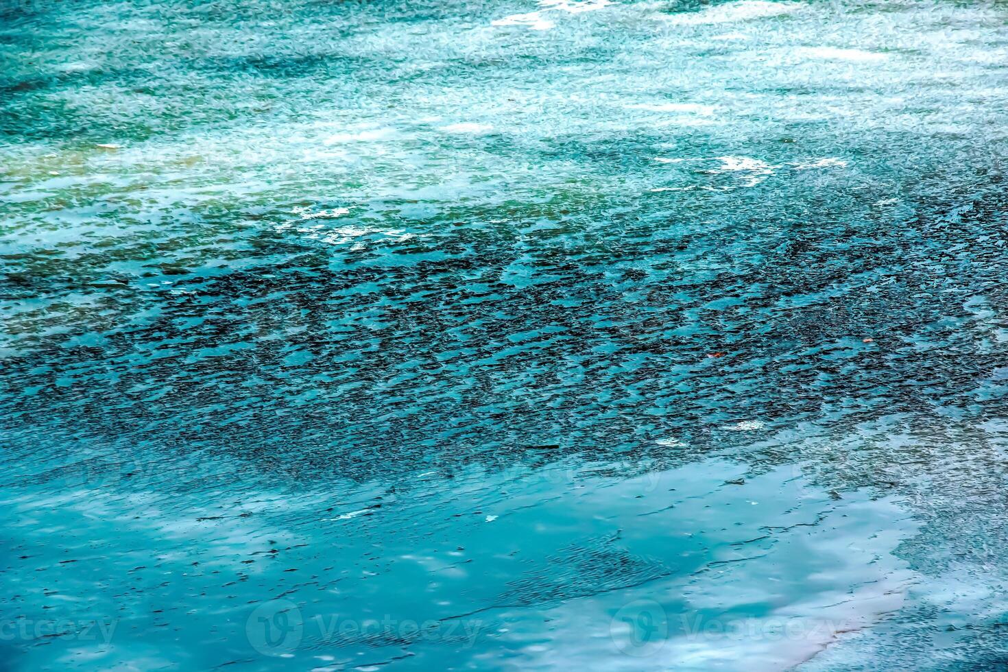 Ice surface of the river. Texture of ice shards and water. Winter background photo