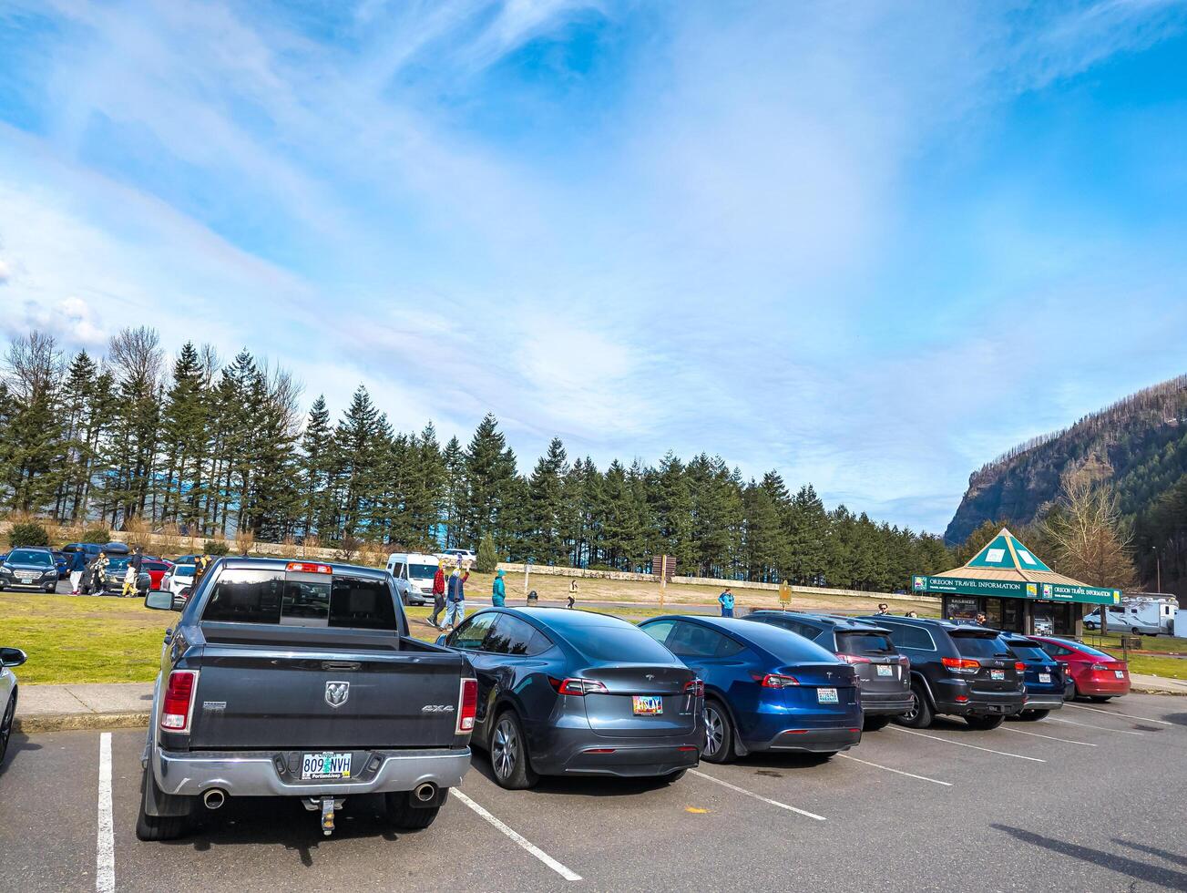 Columbia River Gorge, Oregon, USA - 02.24.2024 Parking lot and cafe near Multnomah Falls on a February day. photo