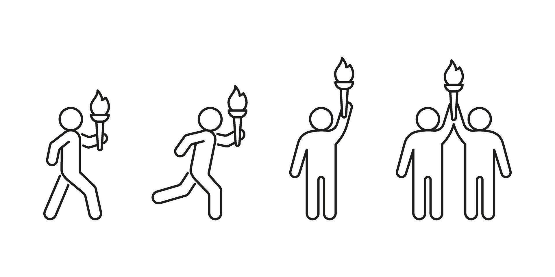 Torch with fire in hands of people, line icon. Burning torch symbol of sport games. Competition of athletes in sport for winning champion. Flame of victory. outline illustration vector