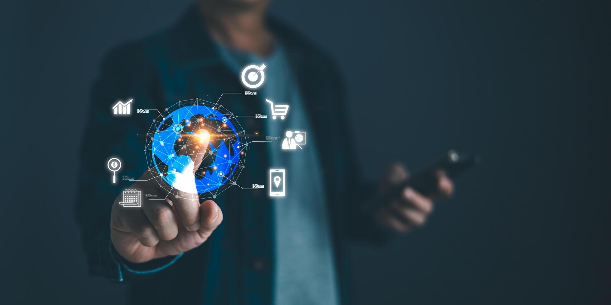 Use technology to plan strategy to success goals and growth stock.online business,online digital marketing.businessman draw graphs report and progress of business and analyze financial,and investment. photo