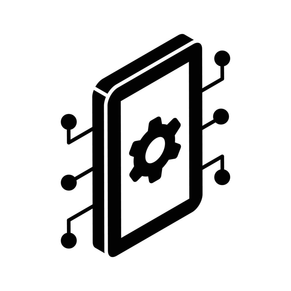Cogwheel inside mobile with network nodes, concept isometric icon of ai mobile vector