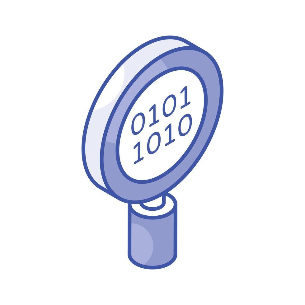 Binary code under magnifier, icon of binary search, code exploration vector