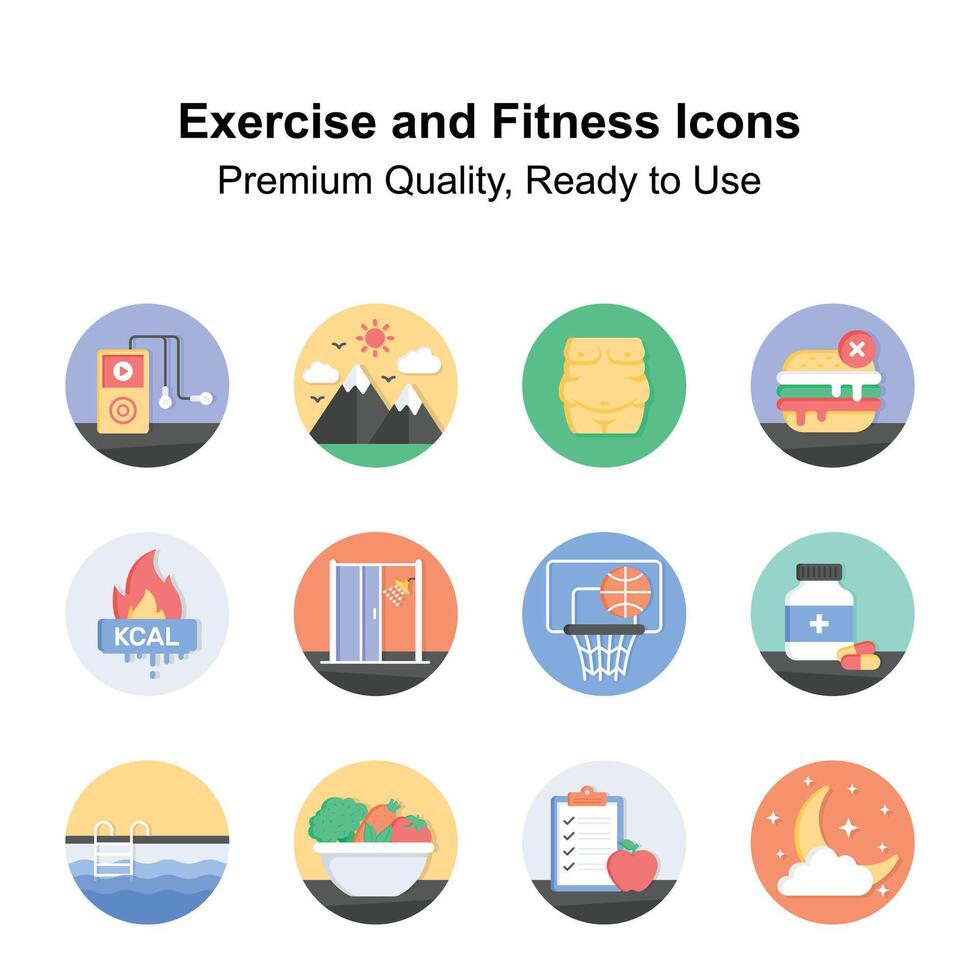 prima calidad plano estilo íconos de ejercicio y aptitud física, Listo a utilizar en sitios web y móvil aplicaciones vector