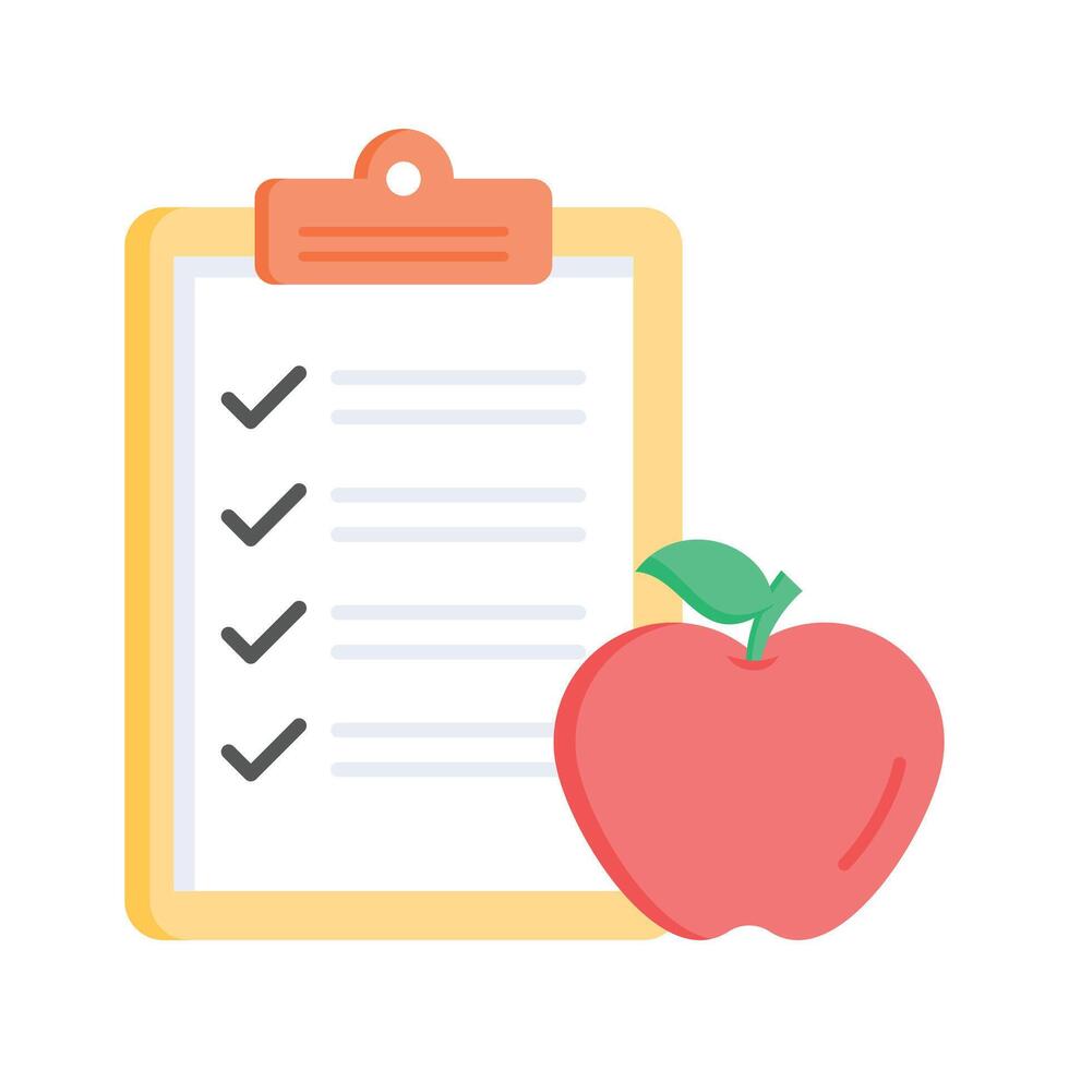 Apple with file denoting flat concept icon of diet plan, customizable vector