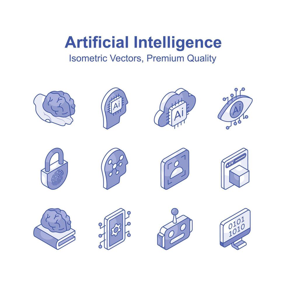 Get this amazing isometric icons set of artificial intelligence, ready to use vector