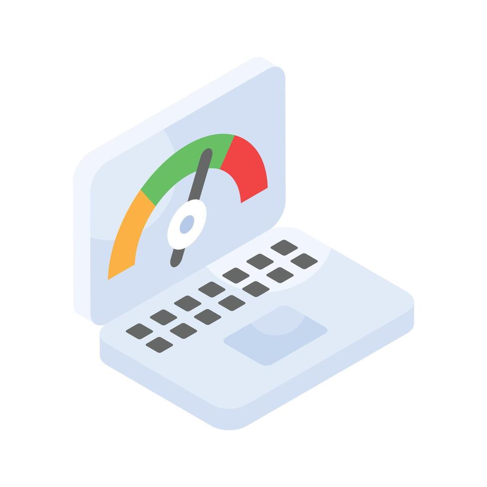 Speedometer inside laptop screen, concept icon of laptop optimization vector