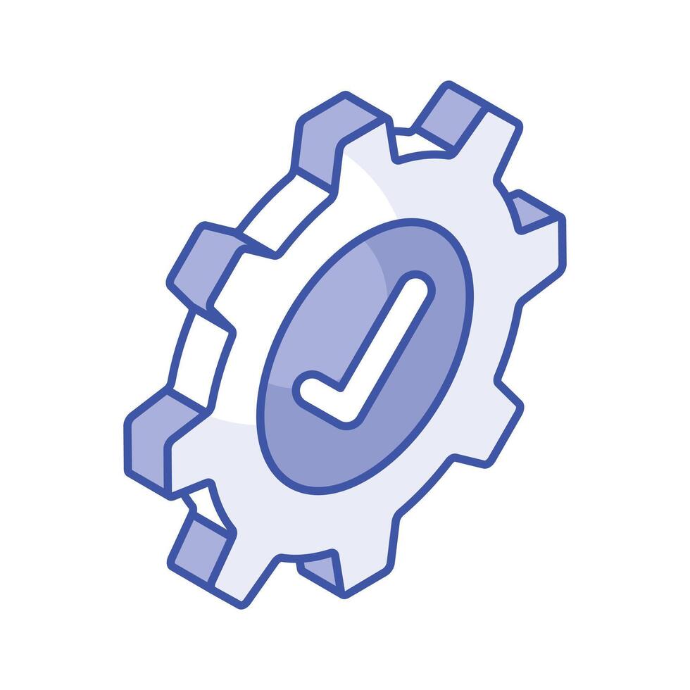 Tick inside cogwheel, concept isometric icon of verified settings vector