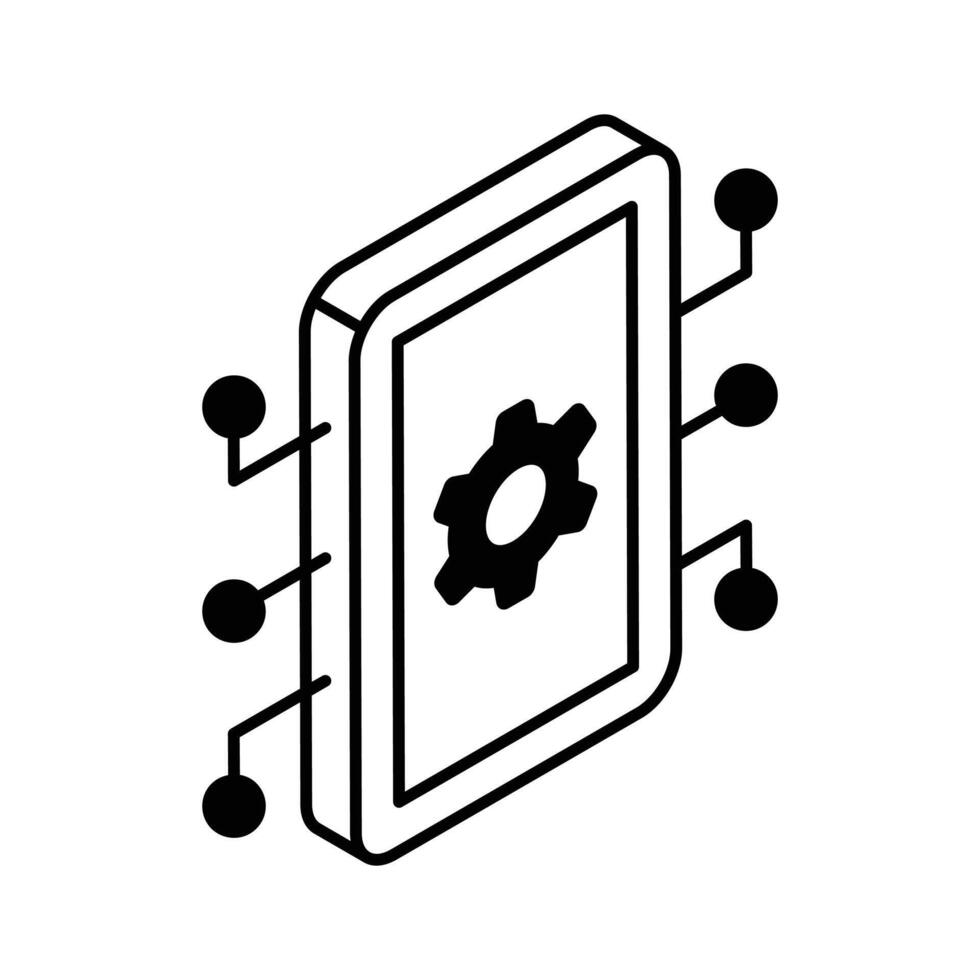 Cogwheel inside mobile with network nodes, concept isometric icon of ai mobile vector