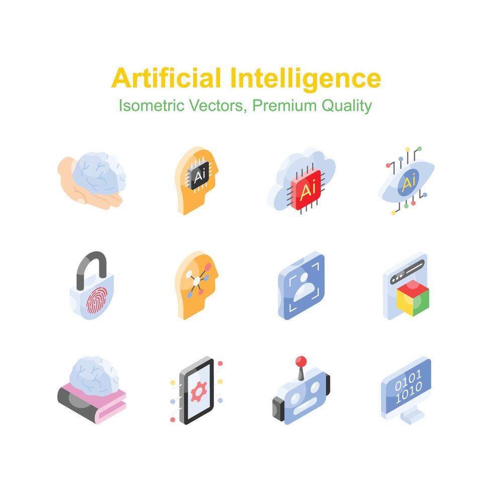 Get this amazing isometric icons set of artificial intelligence, ready to use vector