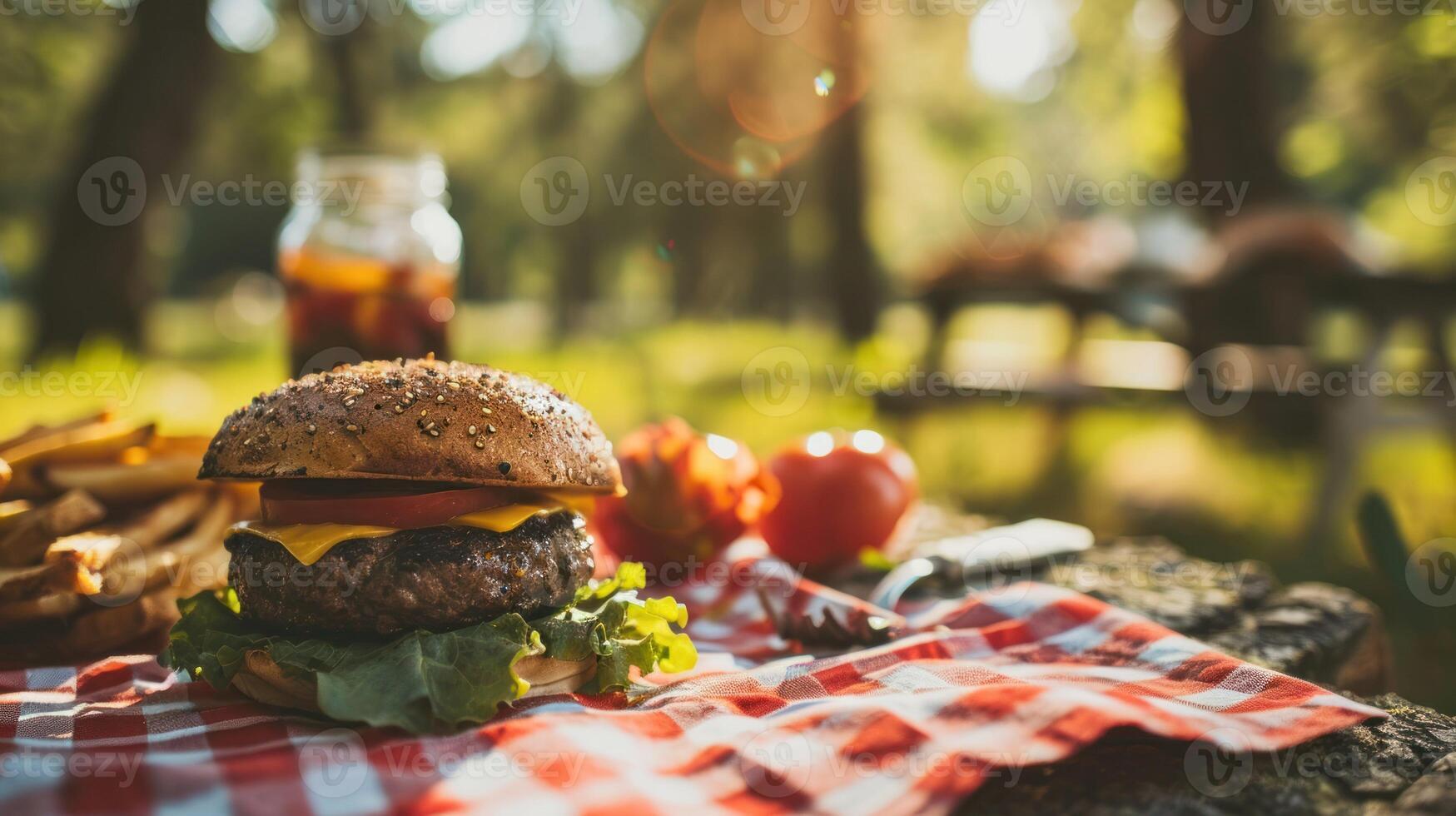 Side view of a delicious burger against a picnic setting photo