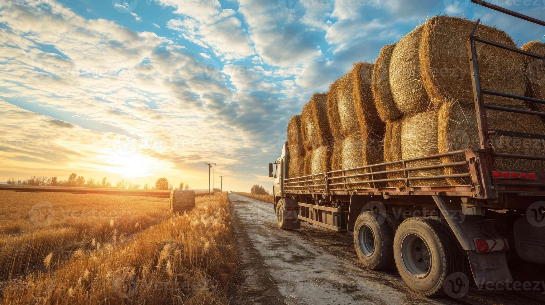 Shot of a truck loaded with hay bales photo