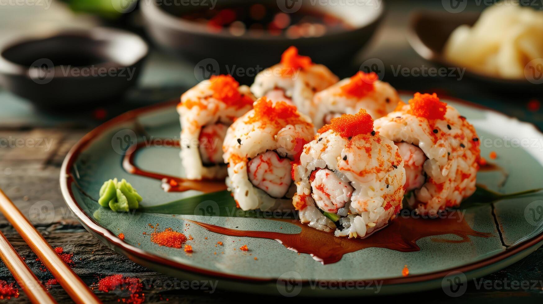 Shrimp Tempura Roll against a festive Japanese festival background photo