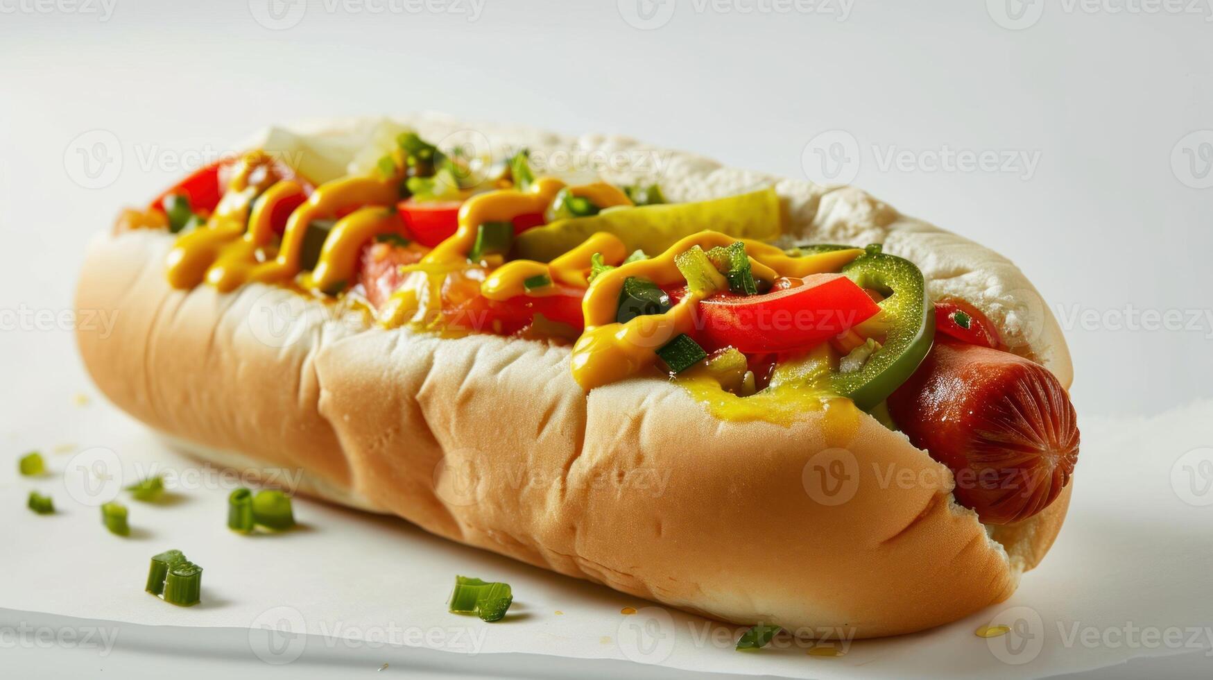 Chicago style hot dog against white background photo