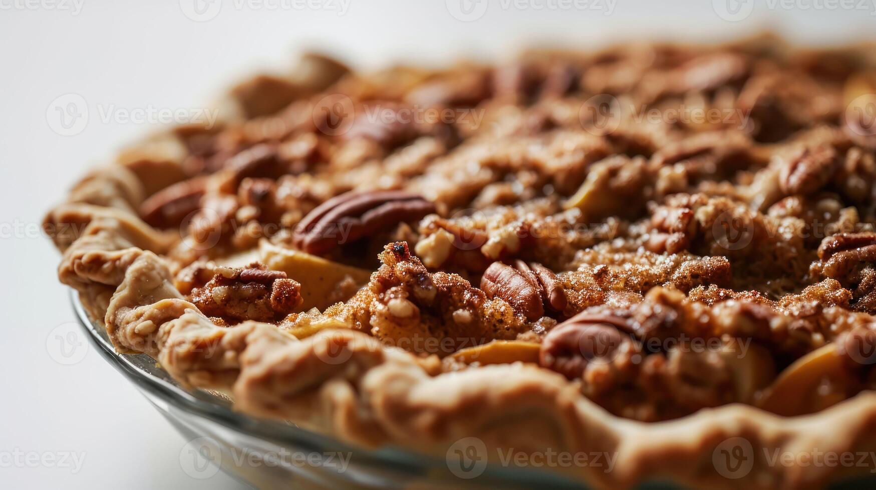 Side view of a Pecan Crusted Apple Pie against a white backdrop photo
