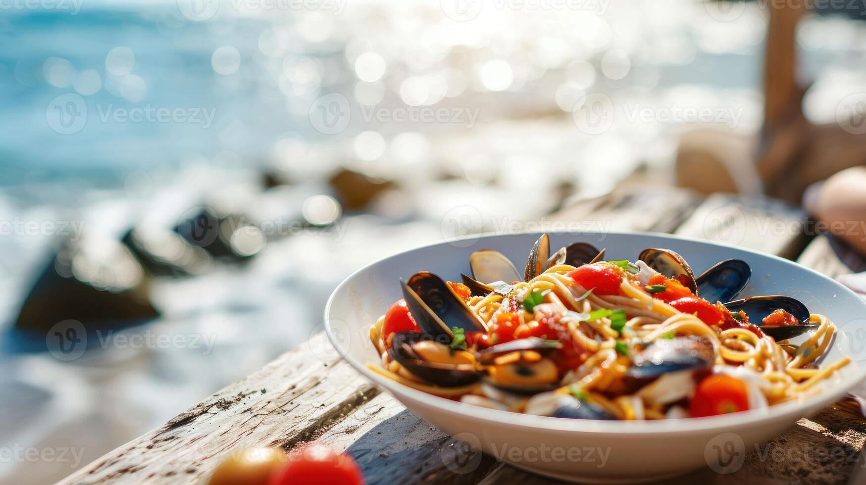 Spaghetti Vongole against a beachside terrace photo