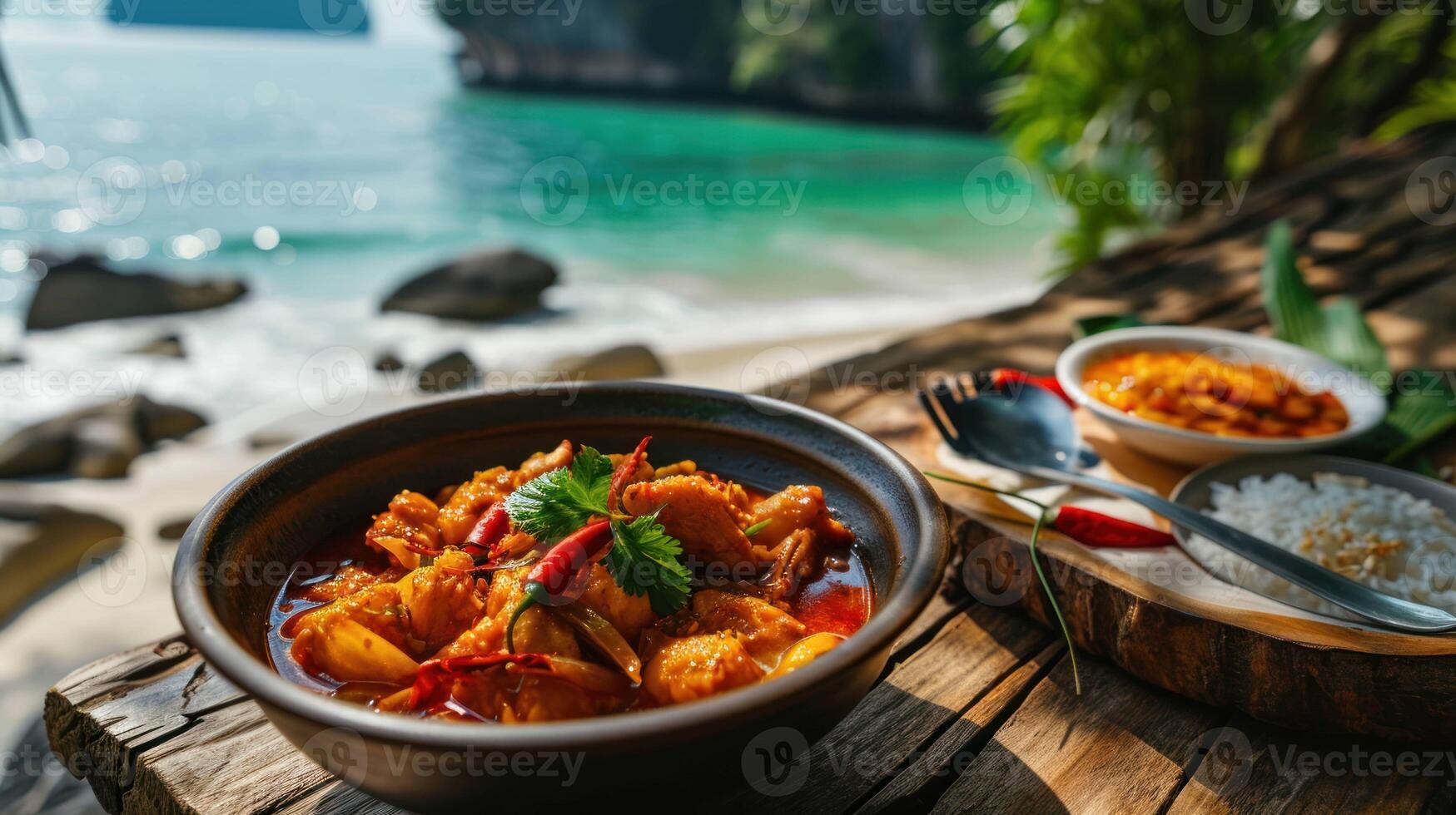 Spicy Tom Yum Chicken against a tranquil Thai beach setting photo