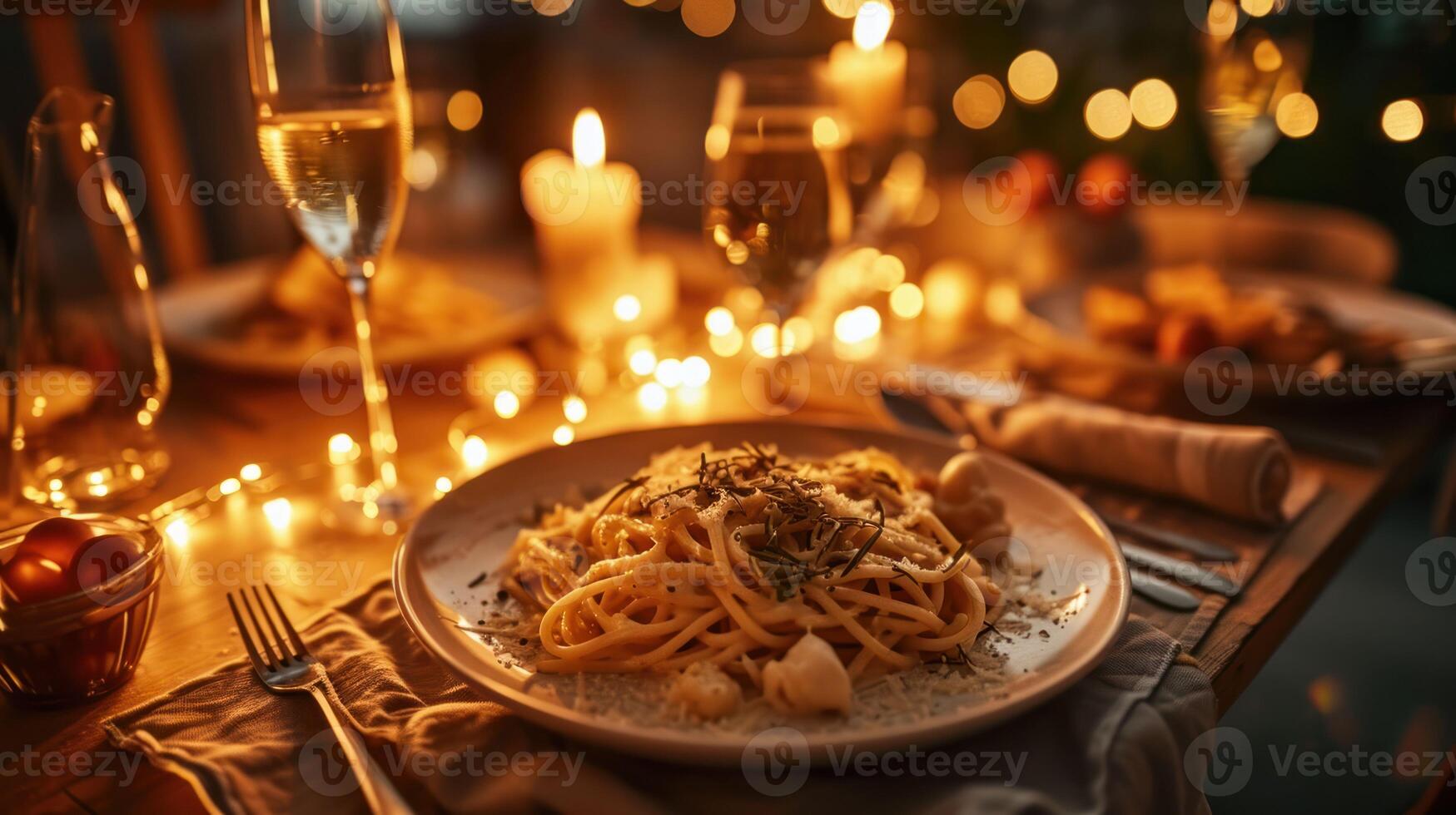 Spaghetti Alfredo against a cozy candlelit dinner table photo