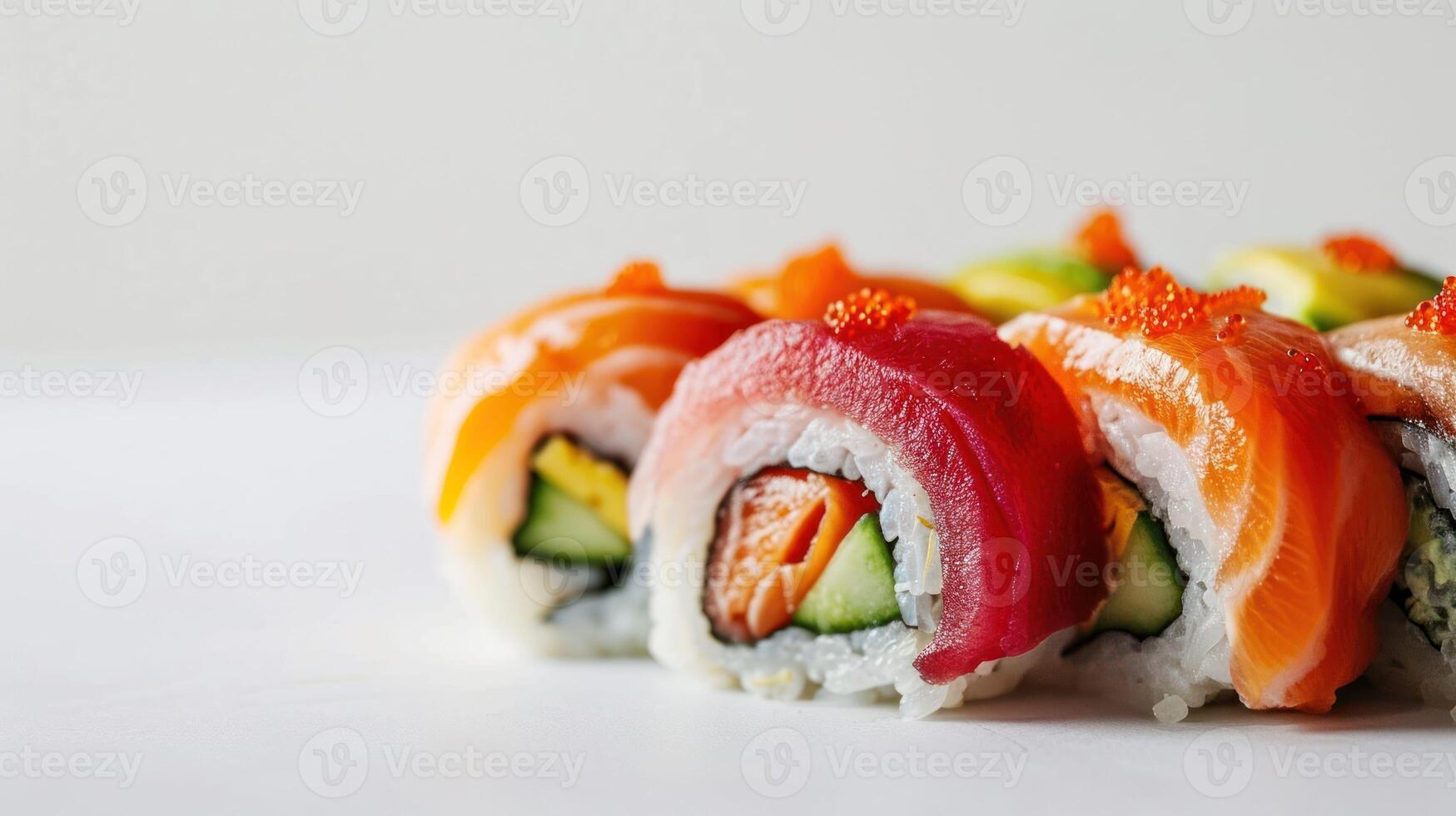 Side view of a Rainbow Roll against a spotless white backdrop photo