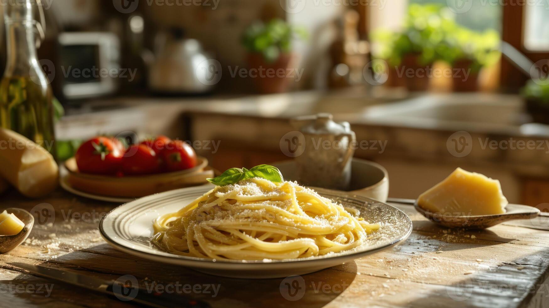 Spaghetti Carbonara against a charming Italian kitchen photo