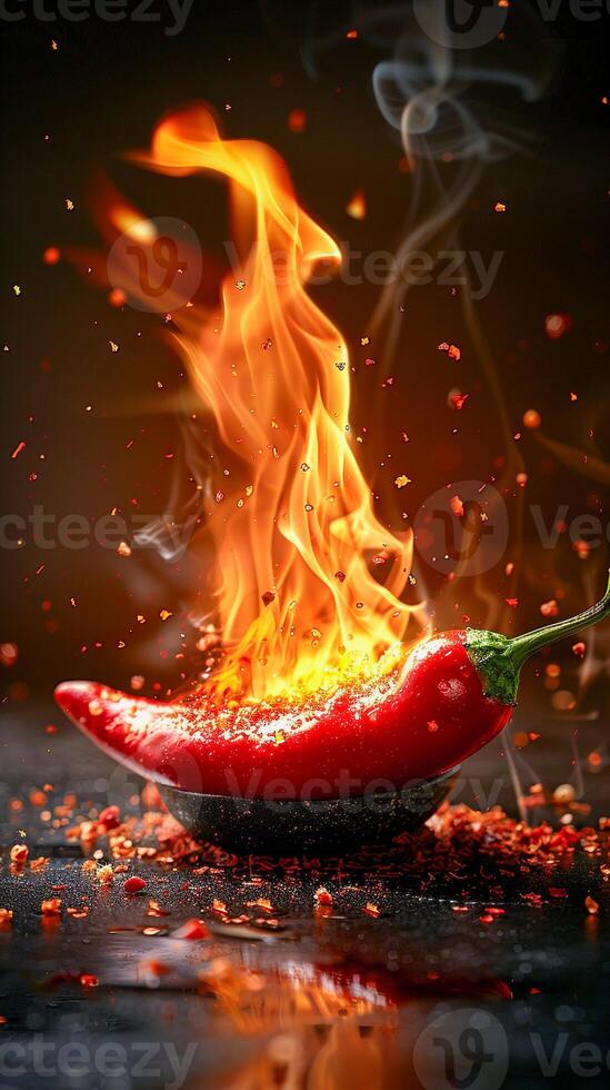 Red and hot chili pepper in flames on black background , photo