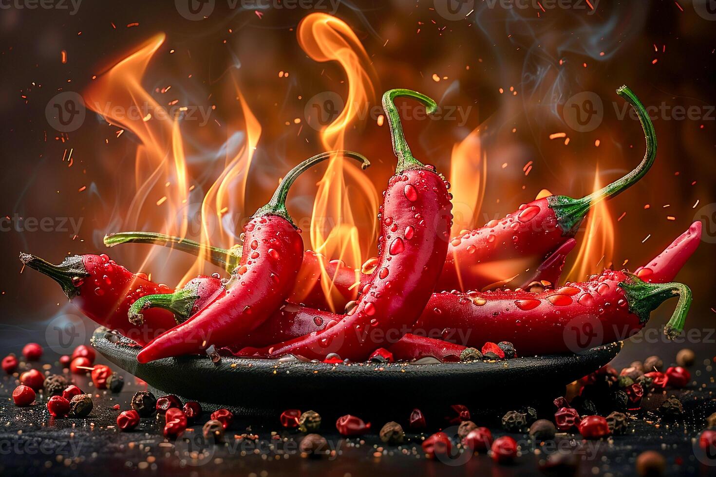 Red and hot chili pepper in flames on black background , photo
