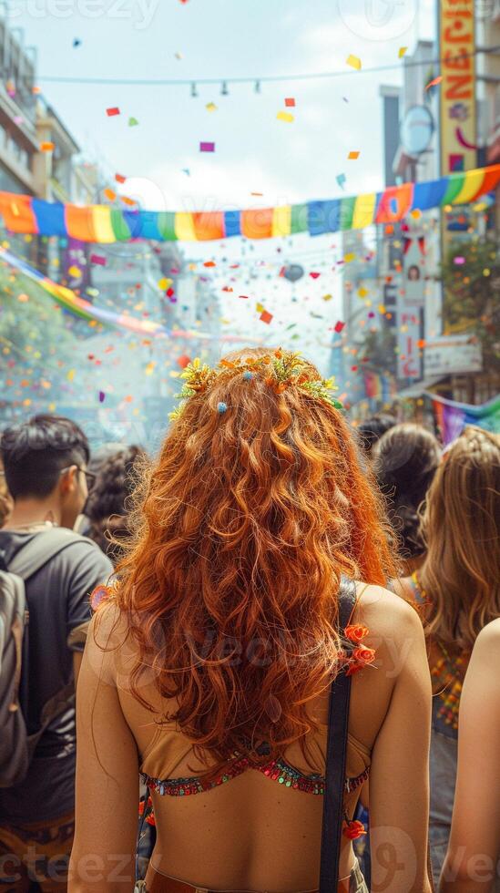 Back view of people with LGBT and flags parade on the street, festive happy day, photo