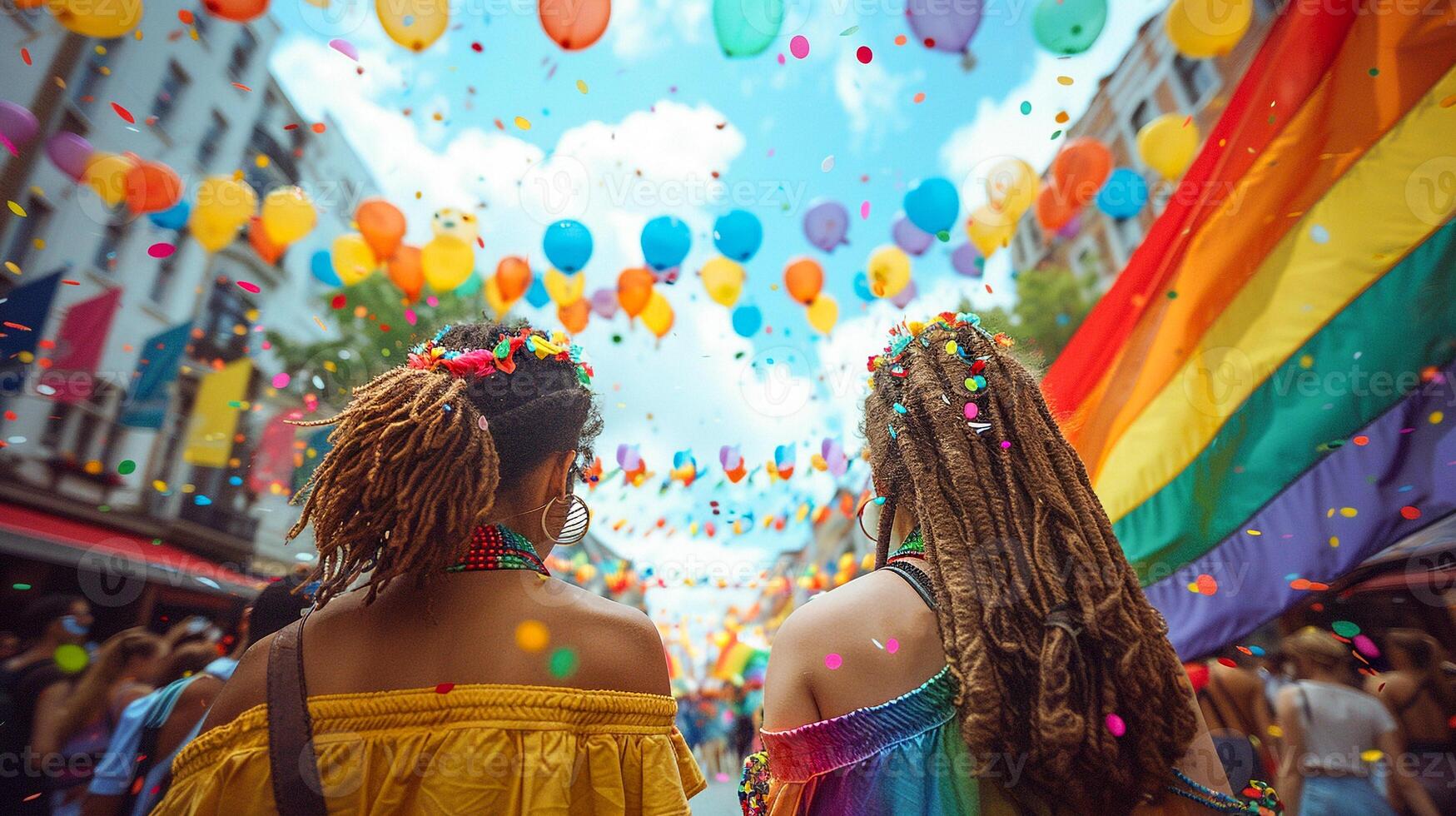 Back view of people with LGBT and flags parade on the street, festive happy day, photo