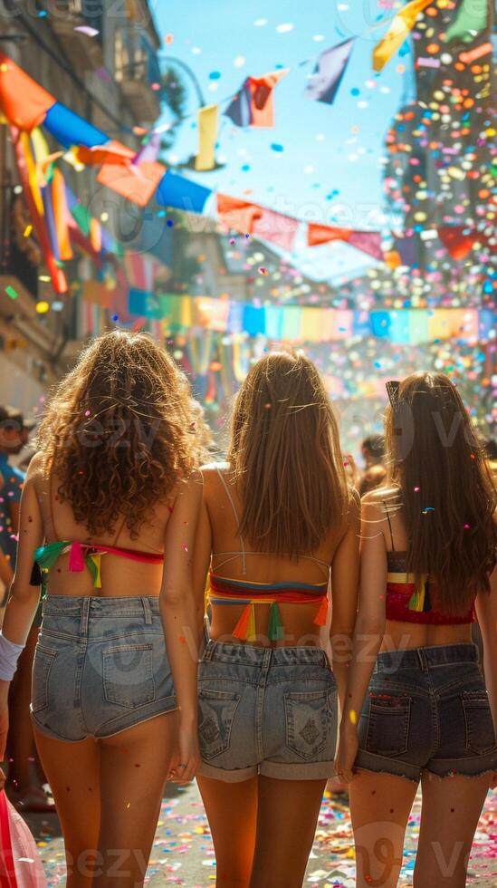 Back view of people with LGBT and flags parade on the street, festive happy day, photo