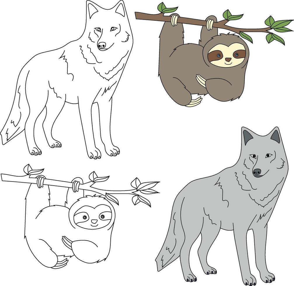 Wolf and Sloth Clipart. Wild Animals clipart collection for lovers of jungles and wildlife. This set will be a perfect addition to your safari and zoo-themed projects vector
