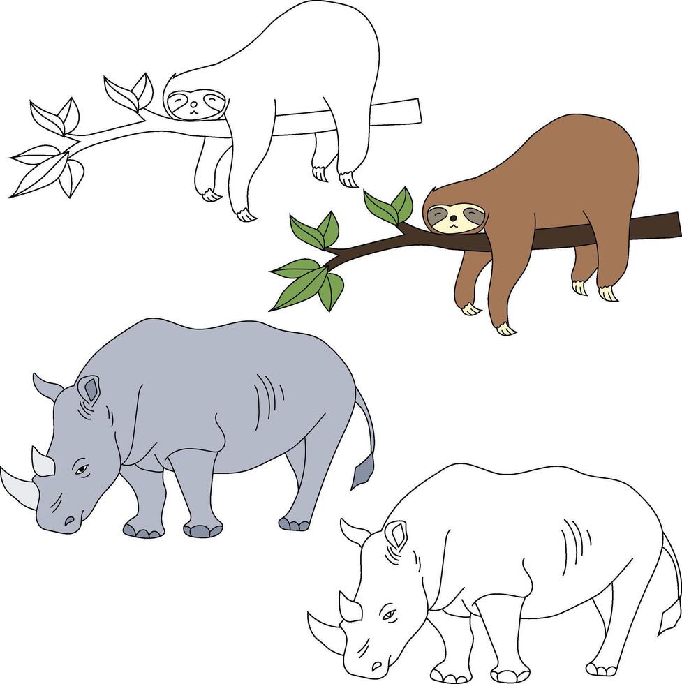 Sloth and Rhino Clipart. Wild Animals clipart collection for lovers of jungles and wildlife. This set will be a perfect addition to your safari and zoo-themed projects vector