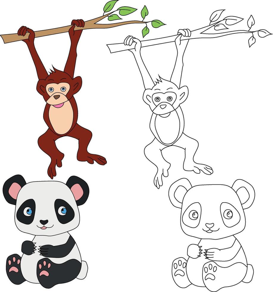 Monkey and Panda Clipart. Wild Animals clipart collection for lovers of jungles and wildlife. This set will be a perfect addition to your safari and zoo-themed projects vector