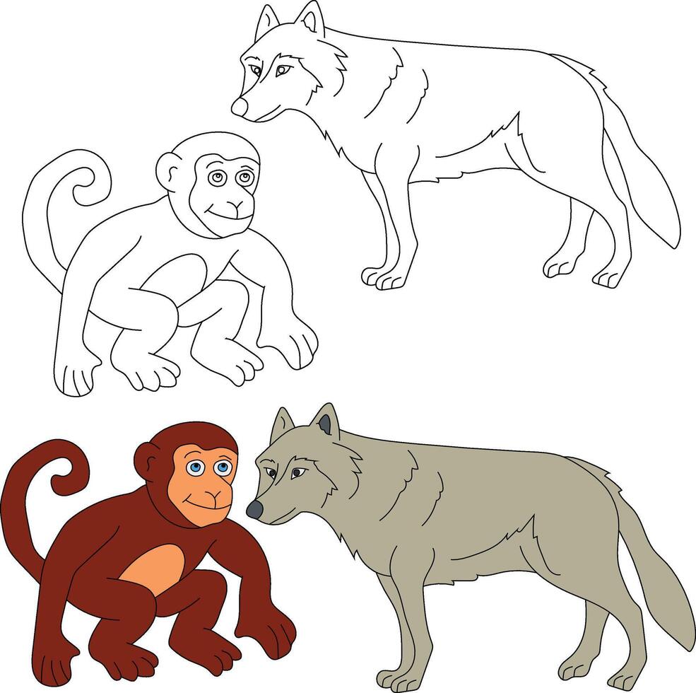 Wolf and Monkey Clipart. Wild Animals clipart collection for lovers of jungles and wildlife. This set will be a perfect addition to your safari and zoo-themed projects vector