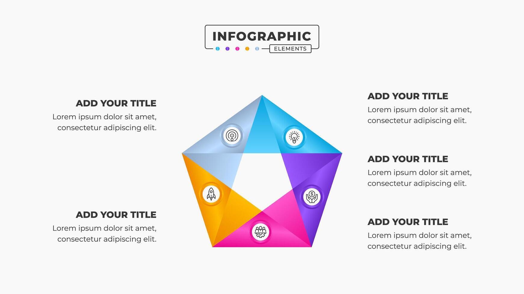 Circular infographic business presentation design template with 5 steps or options vector