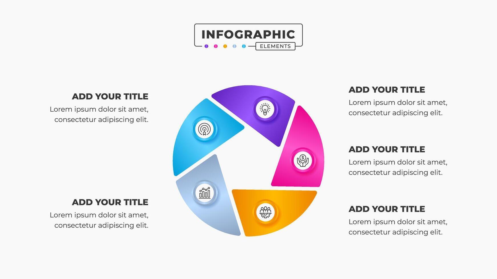 Circular infographic business presentation design template with 5 steps or options vector