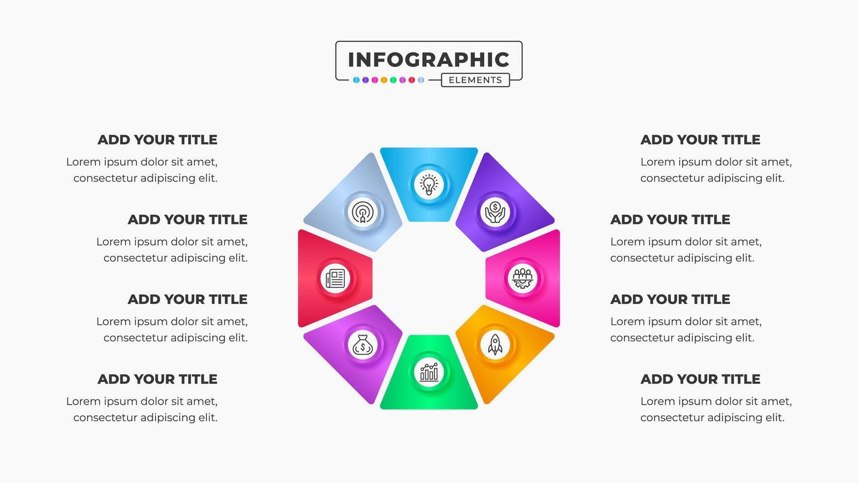 Circular infographic business presentation design template with 8 steps vector