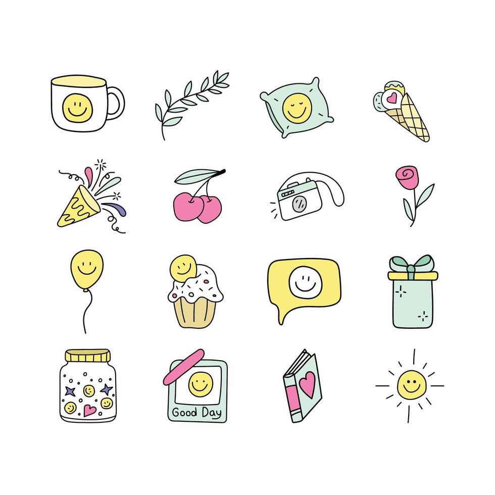 Positivity, happiness set of elements in doodle style. vector