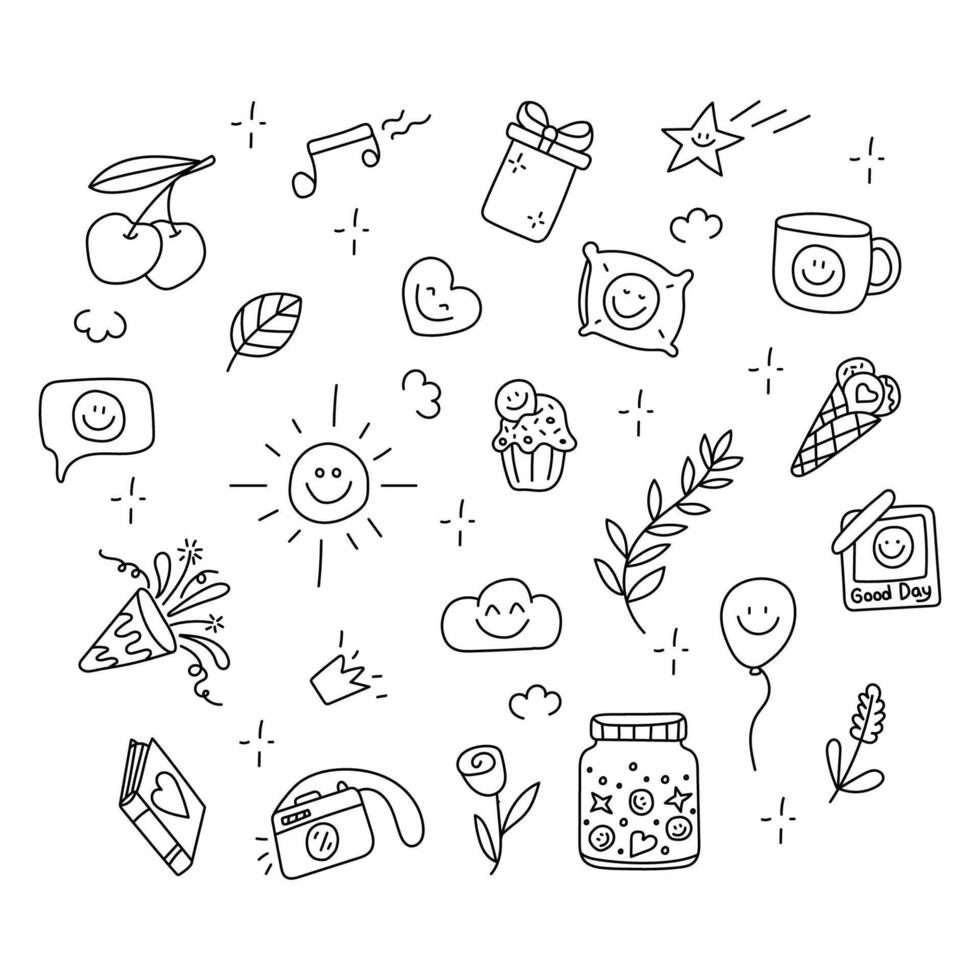 Positivity, happiness set of elements in doodle style. vector
