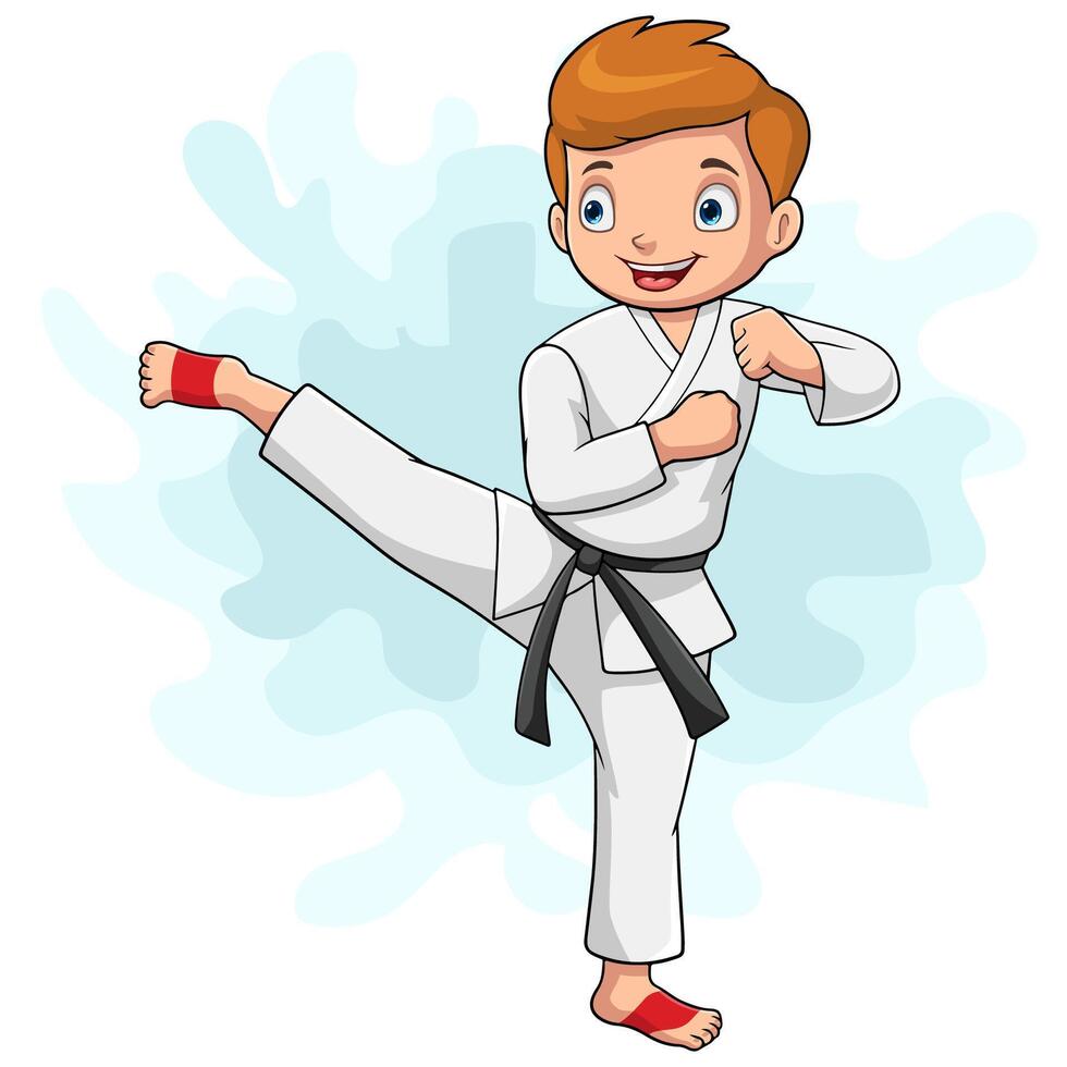 niño pequeño de dibujos animados entrenando karate vector