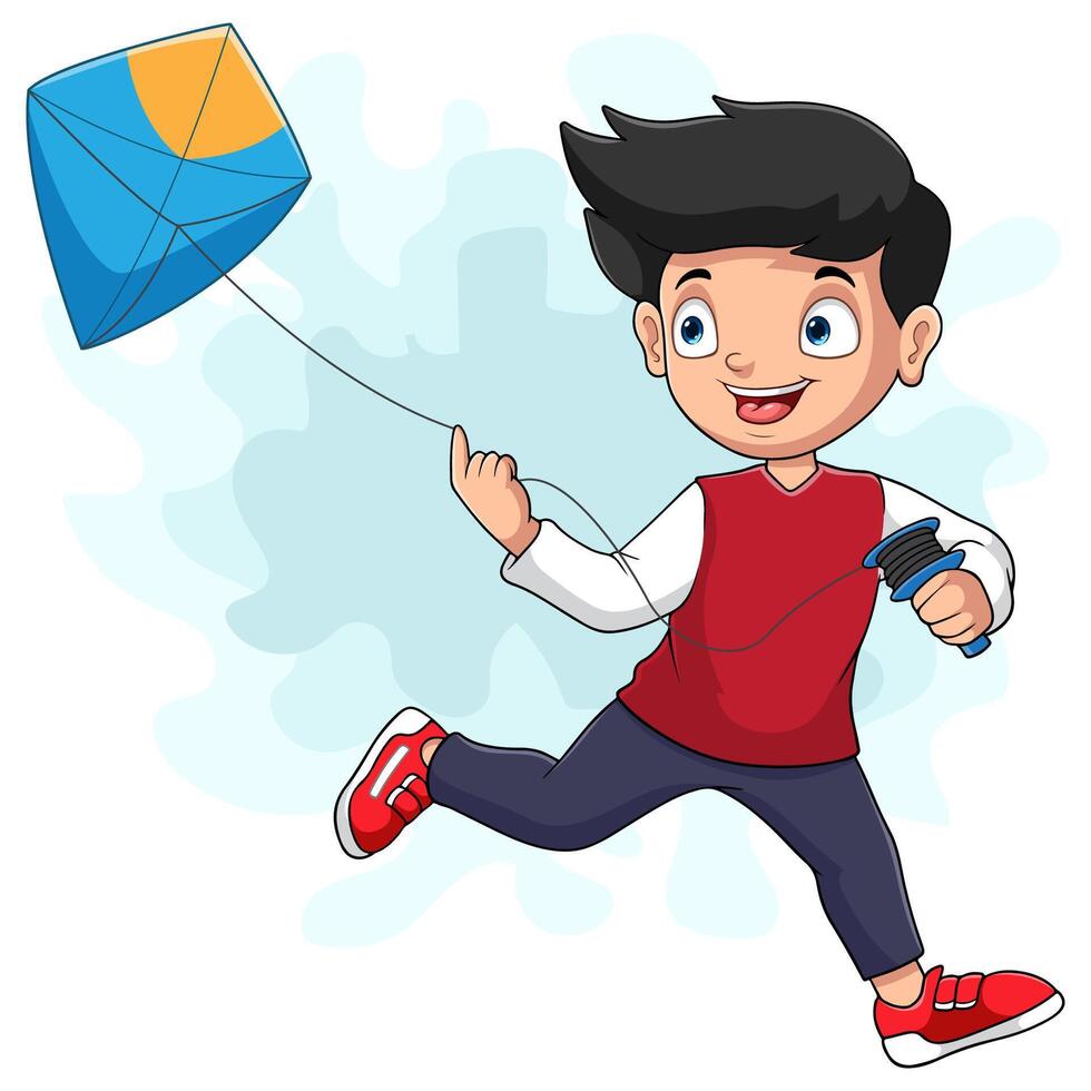 Cartoon happy little boy playing a kite vector