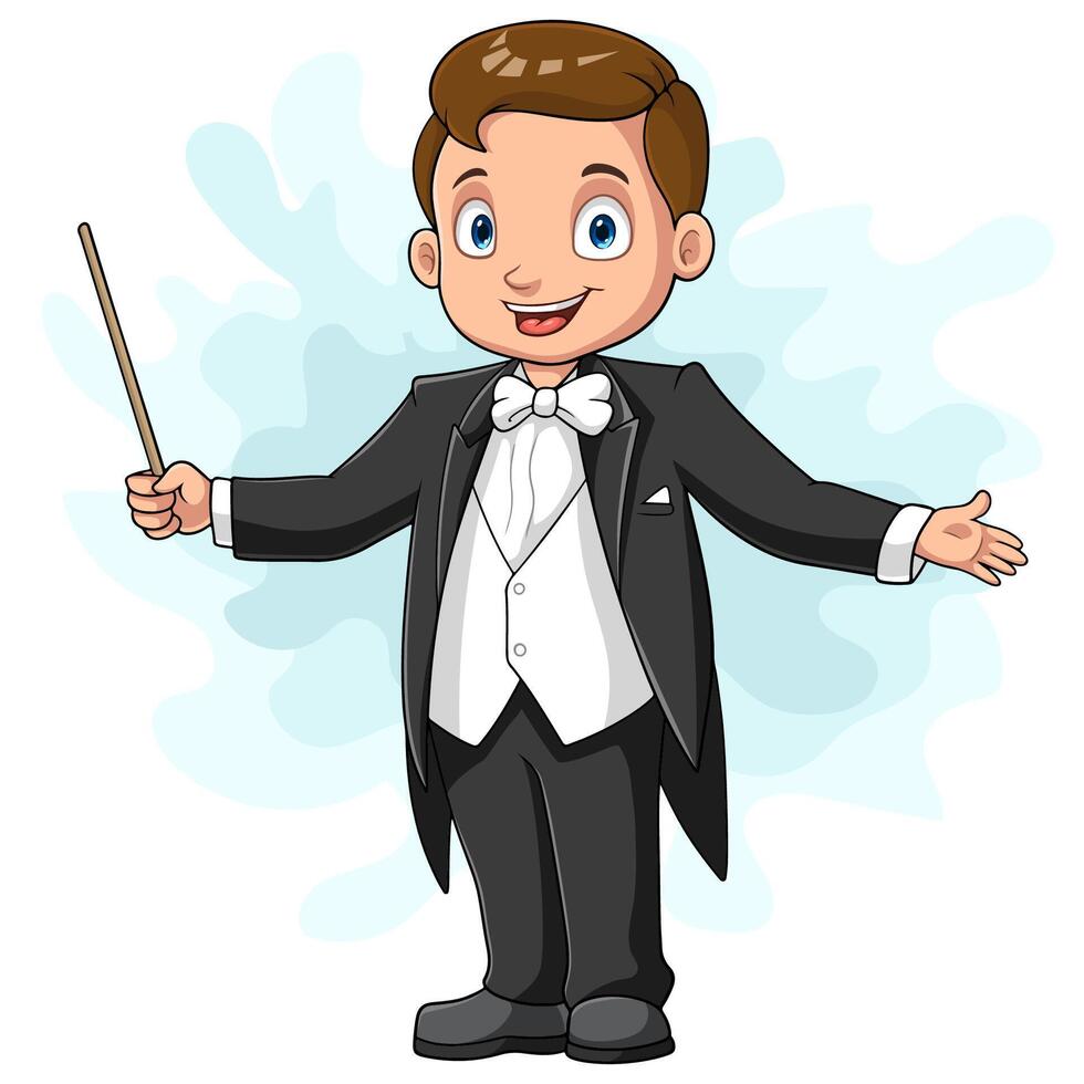 Cartoon boy conductor directing with baton vector