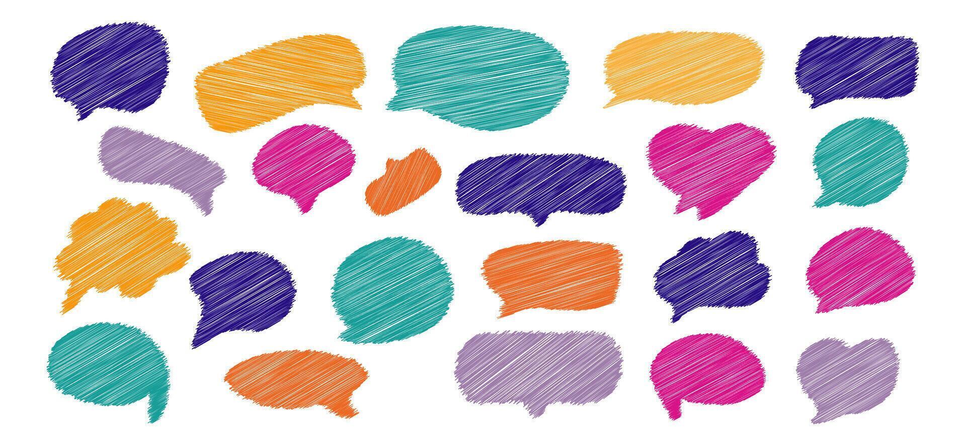 Set of scribble speech bubble text, chatting box, message box design. Balloon doodle style of thinking sign symbol vector