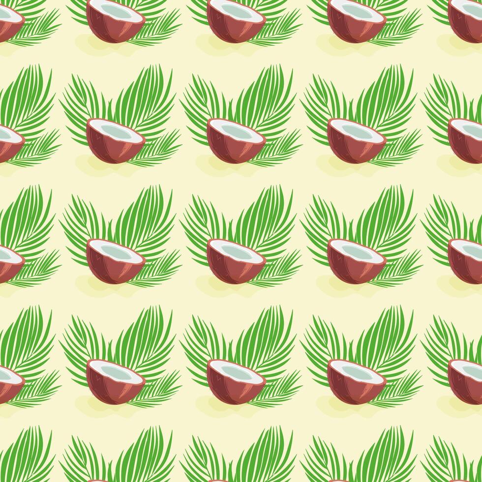 Seamless pattern with half a coconuts and palm leaves. Summer background. Template for fabric, wallpaper, wrapping paper vector